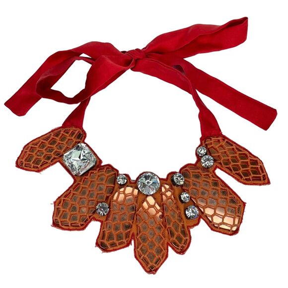 Emporio Armani Red Statement Rhinestone Crystal Jeweled Ribbon Tie Bib Necklace - Picture 1 of 5